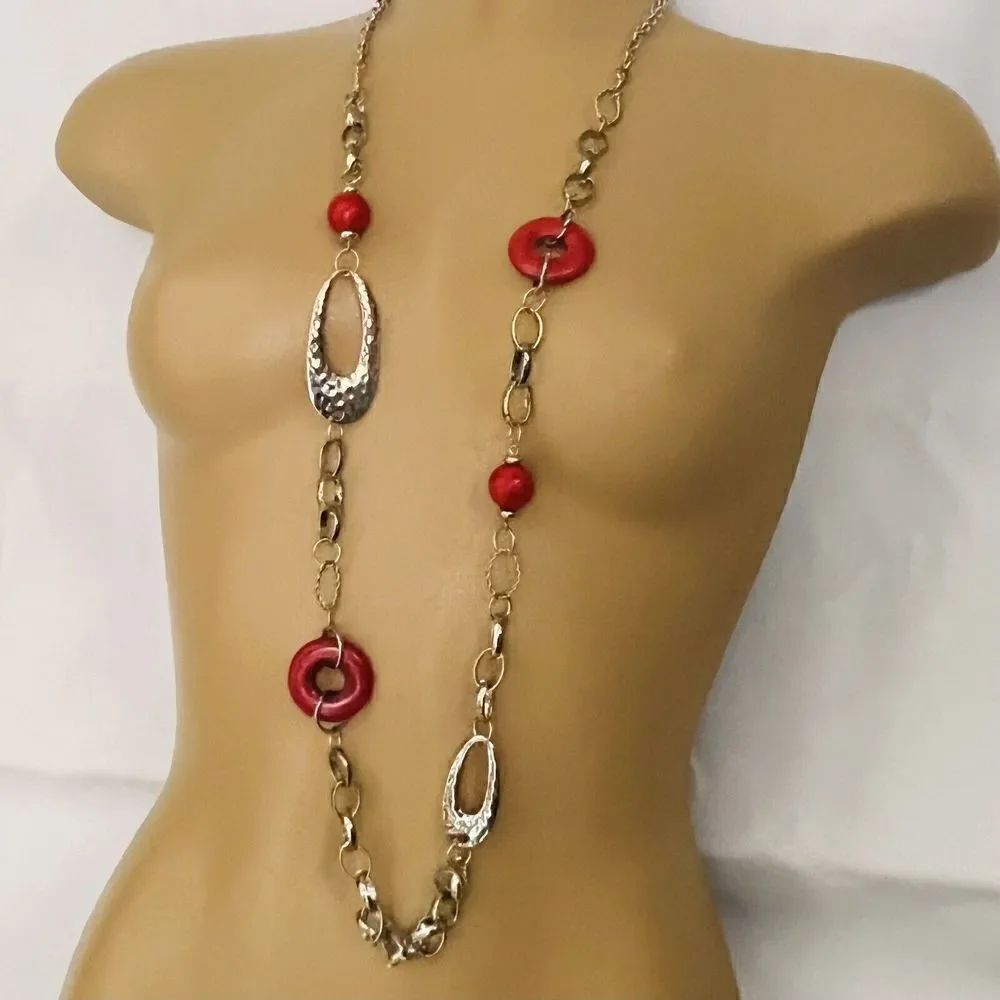 40inch Long Necklace Red Donut Beads Silver Tone Hammered Style Accents